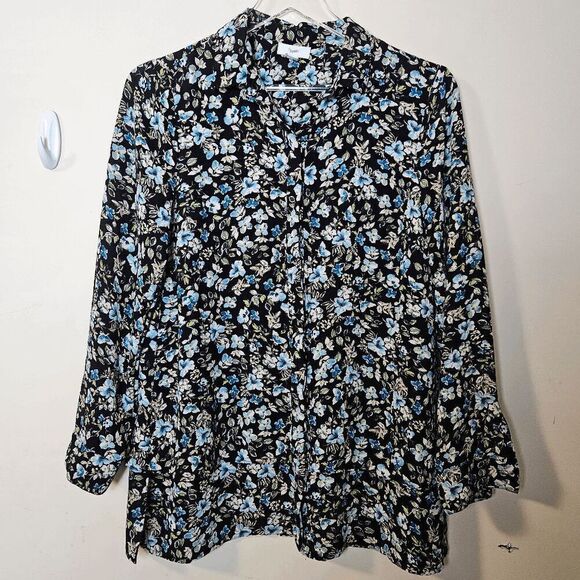 J. Jill Floral Cottagecore Long Sleeve Button Up Prarie Shirt Women's Black/Blue - Picture 1 of 4